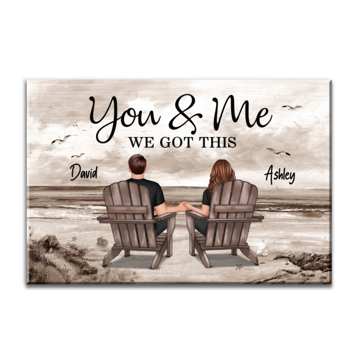 Retro Vintage Back View Couple Sitting Beach Landscape Personalized Canvas, Anniversary Gift For Couple, Husband, Wife, Dad, Mom
