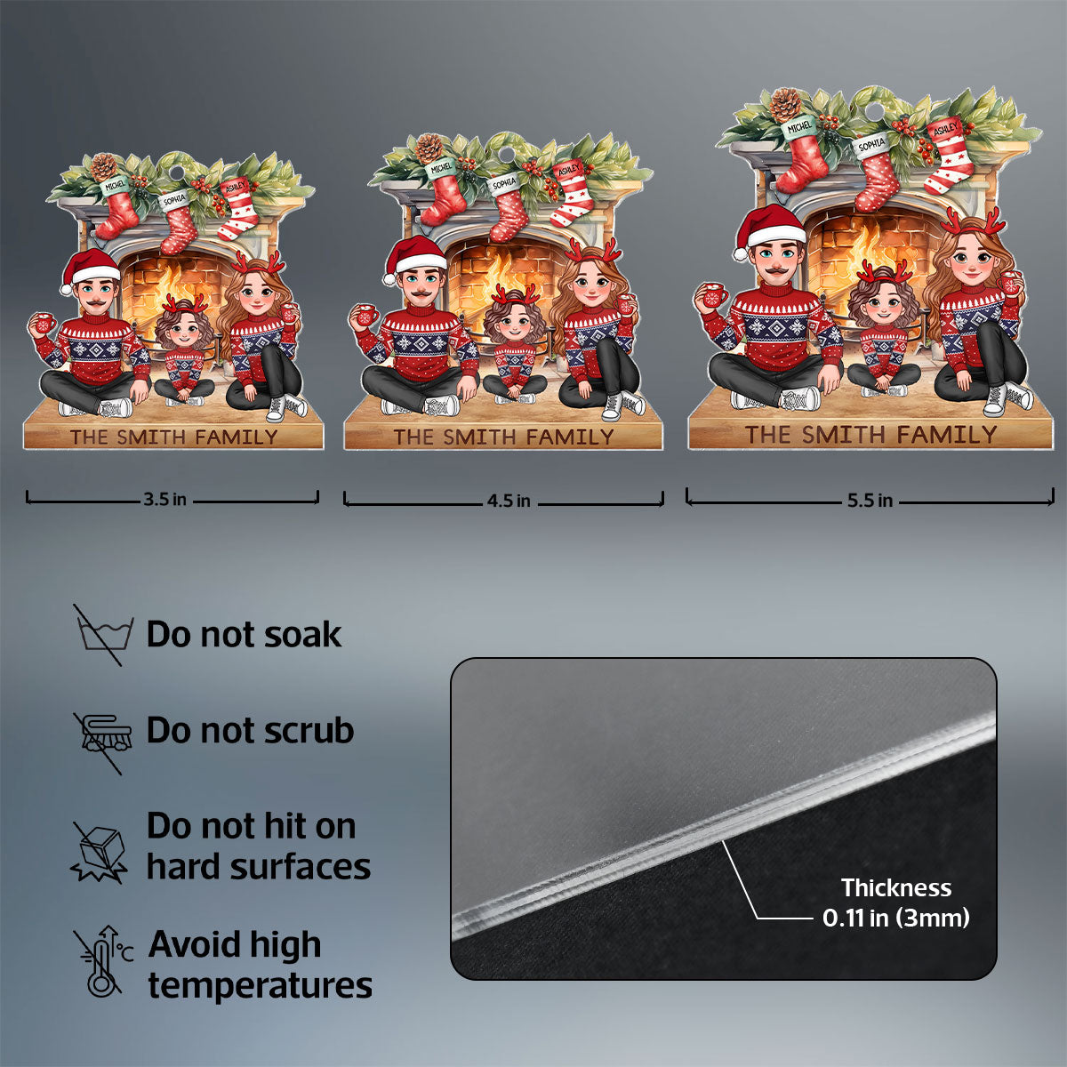 Animated Family Sitting At Christmas Fireplace Personalized Acrylic Ornament
