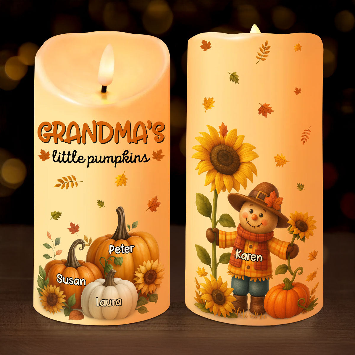 Grandma's Pumpkin Patch Scarecrow Personalized LED Candle, Cozy Fall Decor for Grandma