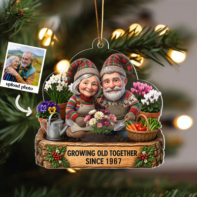 Garden Gnome Couple Growing Old Together - Personalized Acrylic Ornament - Christmas Gift for Him, for Her