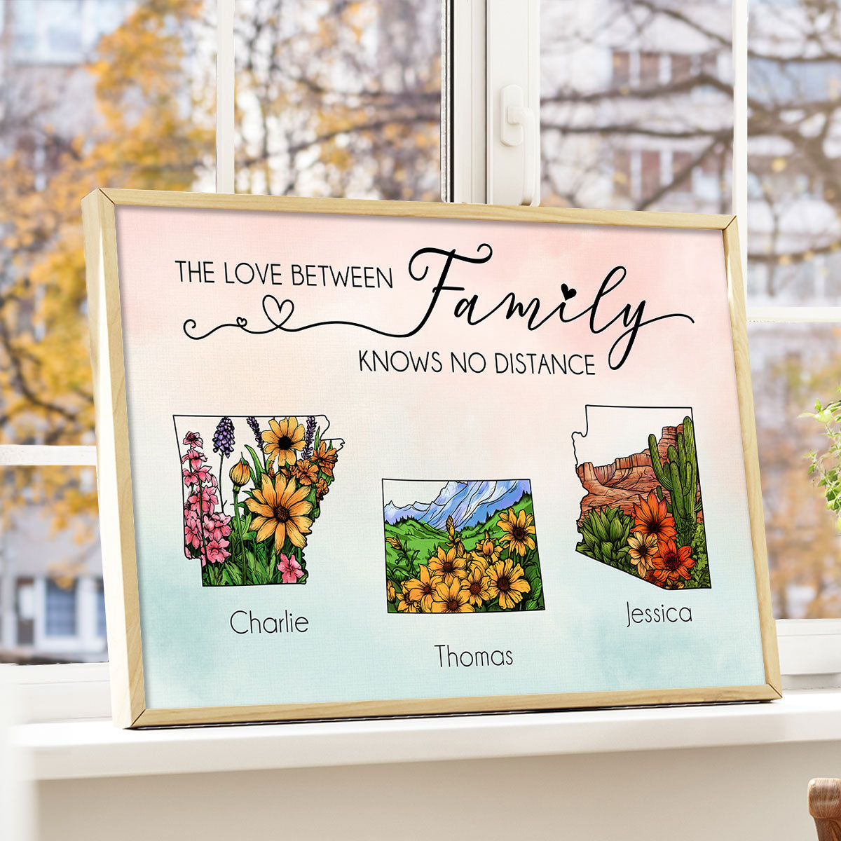 The Love Between Family Friends Knows No Distance Watercolor Wildflower State Map Personalized Poster