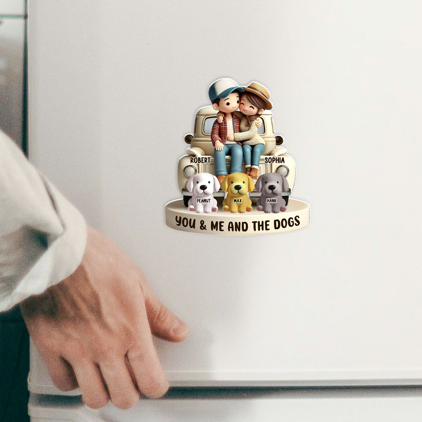 3D Effect Couple On Truck You Me And The Dog Cats Personalized Fridge Magnet, Heartfelt Gift For Couple, For Dog Lovers, Cat Lovers, Pet Lovers