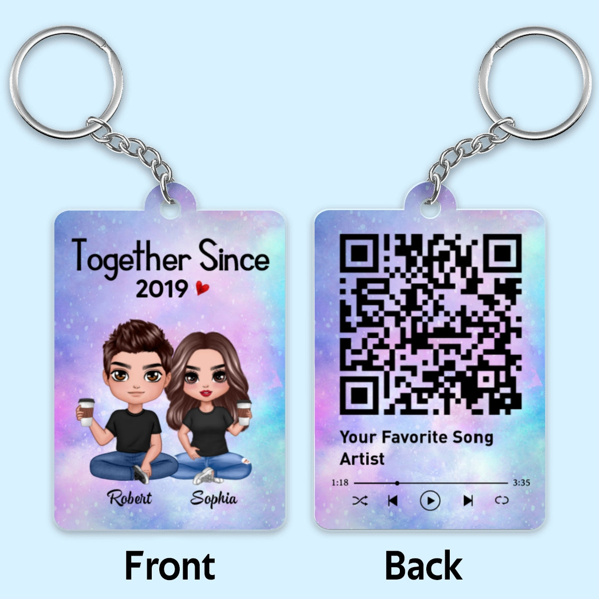 Doll Couple Sitting Together Since Favorite Song Scannable QR Code Personalized Acrylic Keychain