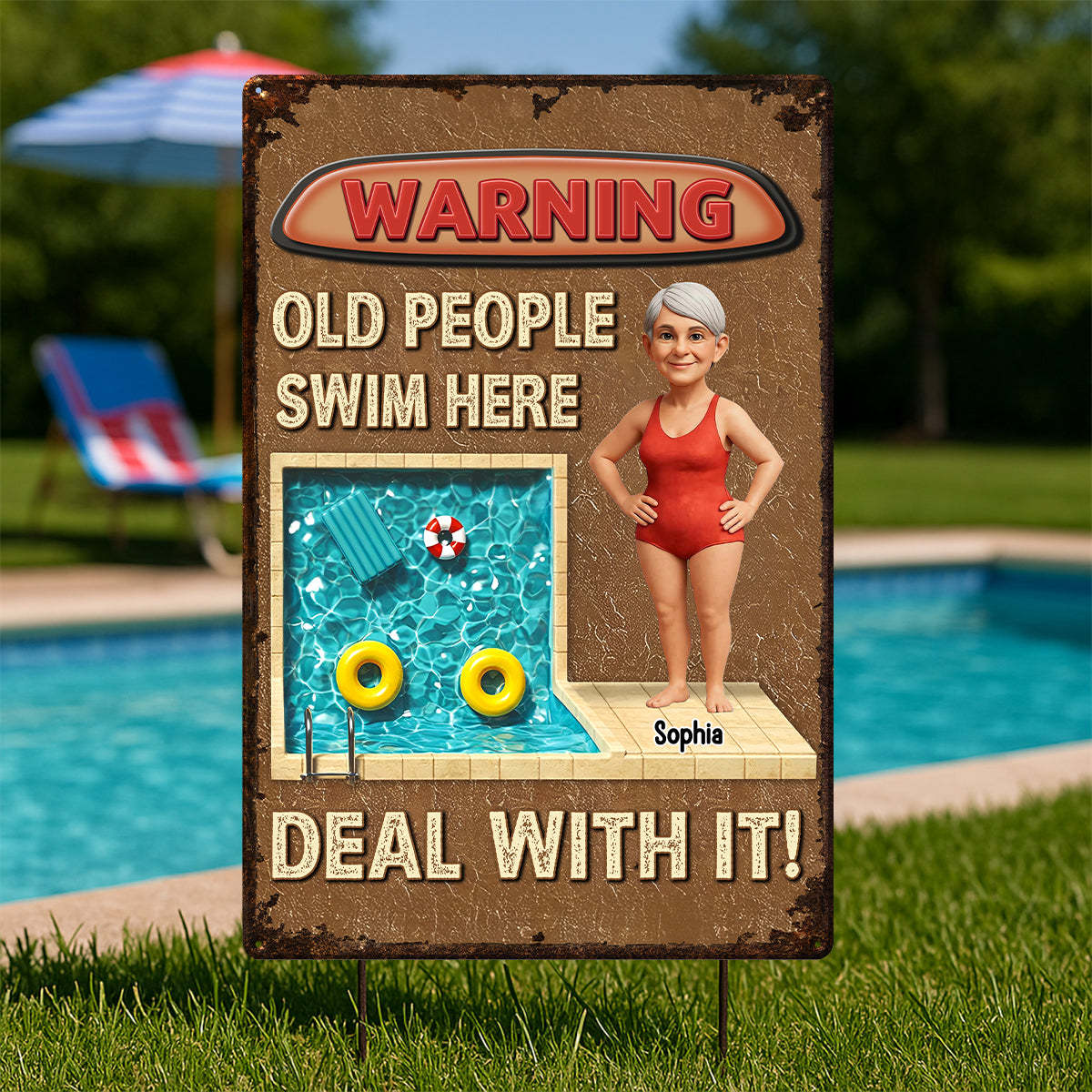 3D Effect Warning Old People Swim Here Funny Summer Decor Personalized Metal Sign