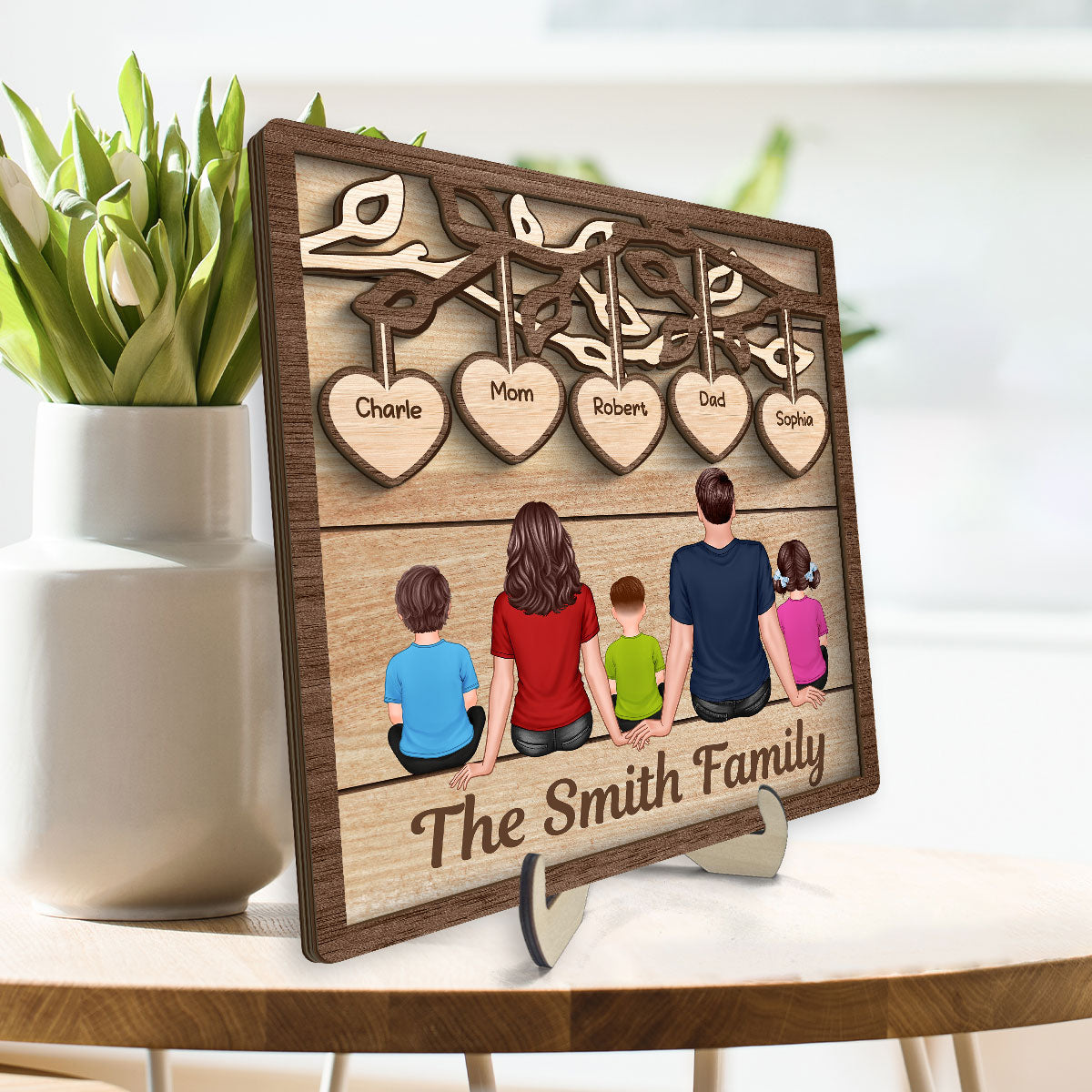 Family Dad Mom Kids Dogs Cats Under Tree Personalized 2-Layer Wooden Plaque
