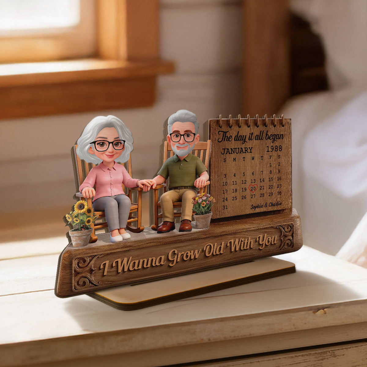 3D Effect Old Couple Sitting On Rocking Chair Anniversary Date Calendar - Personalized 2-Layered Wooden Plaque