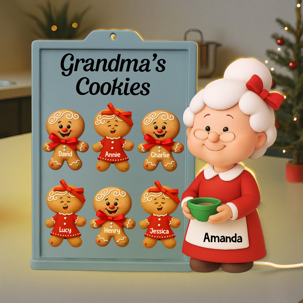 3D Effect Christmas Grandma Cookies Custom Grandkids Names - Personalized Light Box