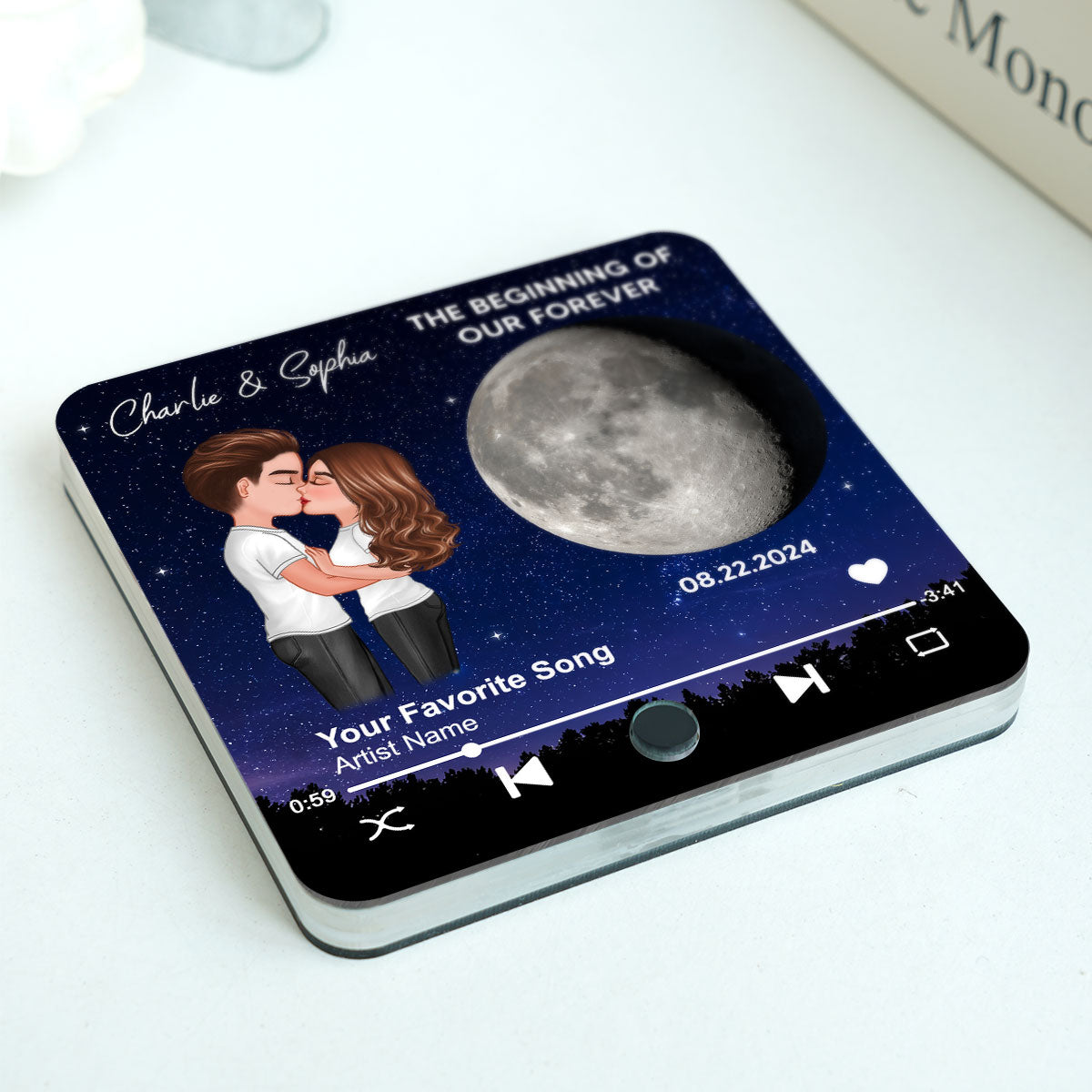 Couple Hugging Kissing Custom Moon Phases The Day We Met Personalized Music Fridge Magnet, Heartfelt Gift For Couple, For Him, For Her, Boyfriend, Girlfriend, Husband, Wife