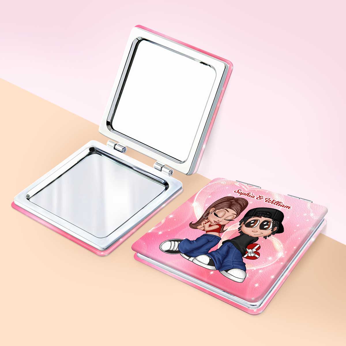 Y2K Couple Personalized Square Compact Mirror,  Gift For Him, For Her