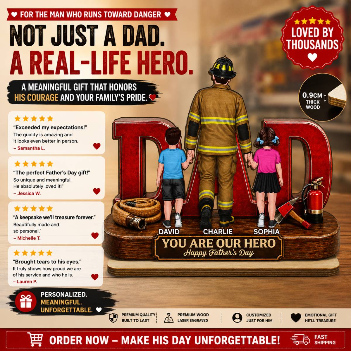 Proud Firefighter Dad You Are Our Hero - Personalized 2-Layered Wooden Plaque - Father's Day Gift For Dad