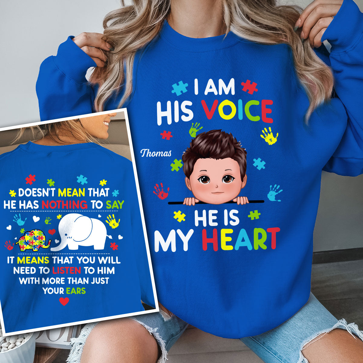 I'm His Voice Autism Mom Autism Dad Autism Awareness Personalized Double Sided Sweatshirt