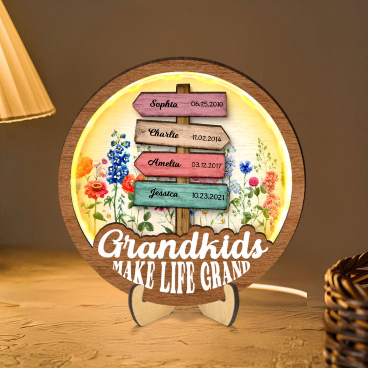 Grandma Flower Garden Grandkids Names Sign Personalized 3-Layer Wooden Plaque With LED, Gift for Mom, for Grandma