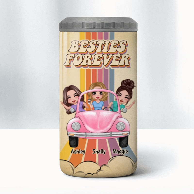 Besties Sisters On Car Colorful Stripe Personalized 4 In 1 Can Cooler
