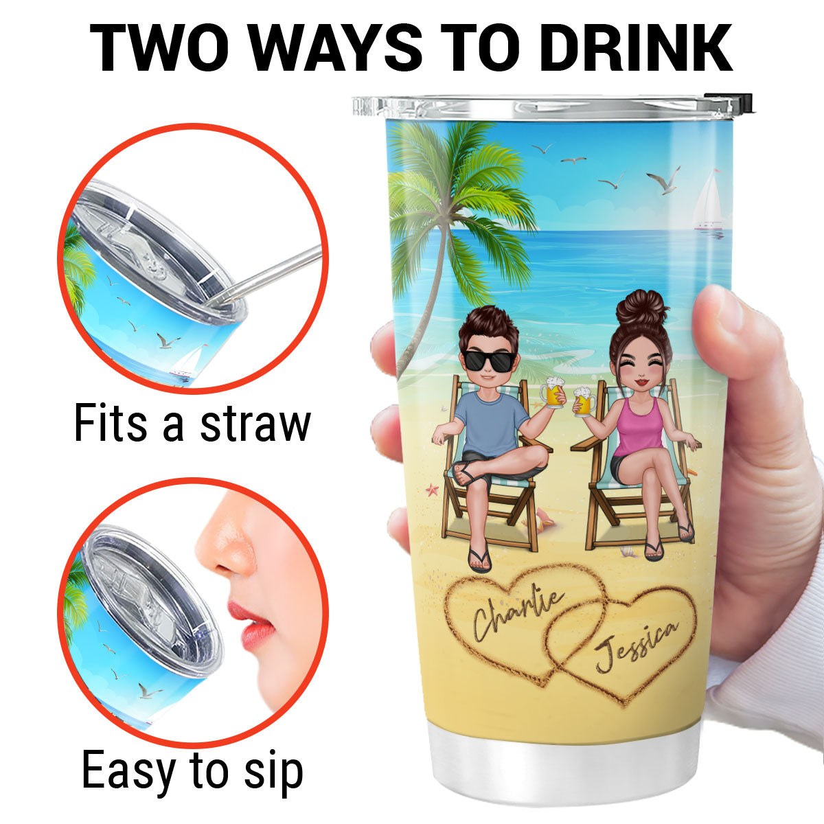 Summer Doll Couple Sitting On The Beach Personalized Tumbler