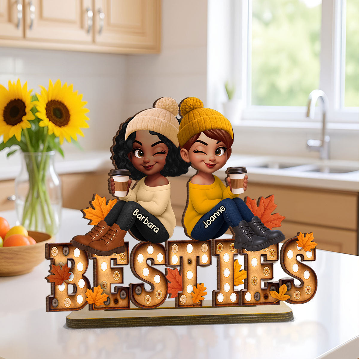 Fall Besties Sitting On Text Marquee Effect Personalized Standing Wooden Plaque, Meaningful Gift For Best Friends