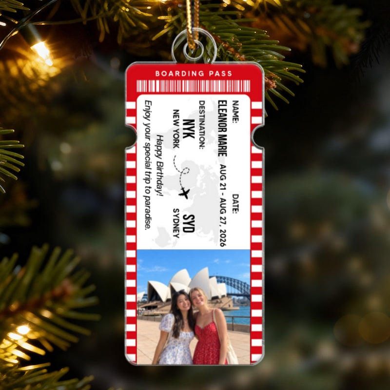 Travel Ticket Photo Keepsake - Personalized Acrylic Ornament - Gift for Best Friends, Couples & Travel Lovers