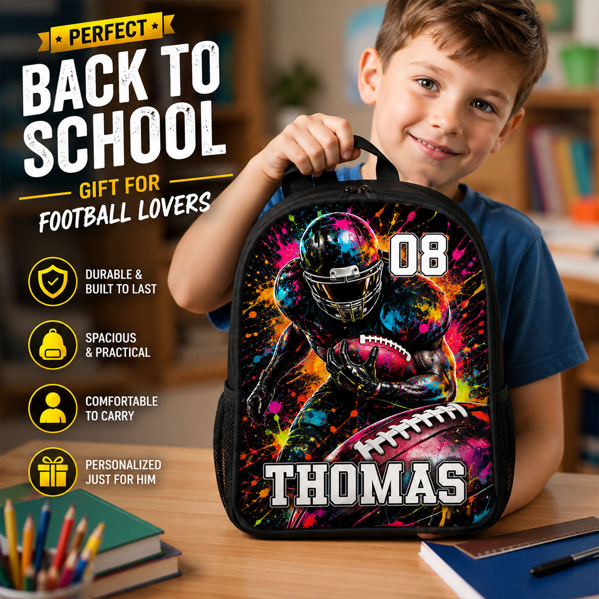 Watercolor Splash American Football Custom Name & Number - Personalized Backpack - Back To School Gift For Football Lovers, Kid Boy, Son, Grandson