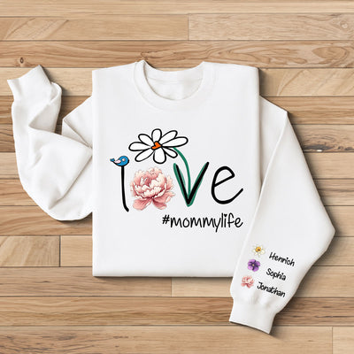Love Grandma Life Mom Life Birth Month Flowers Personalized Sleeve Printed Sweatshirt, Mother's day gift for Moms, for Grandmas