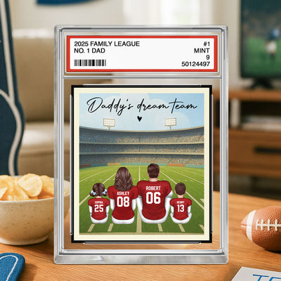 American Football Daddy's Dream Team No. 1 Dad Man & Kids Sitting Trading Card Style - Personalized Acrylic Block Plaque