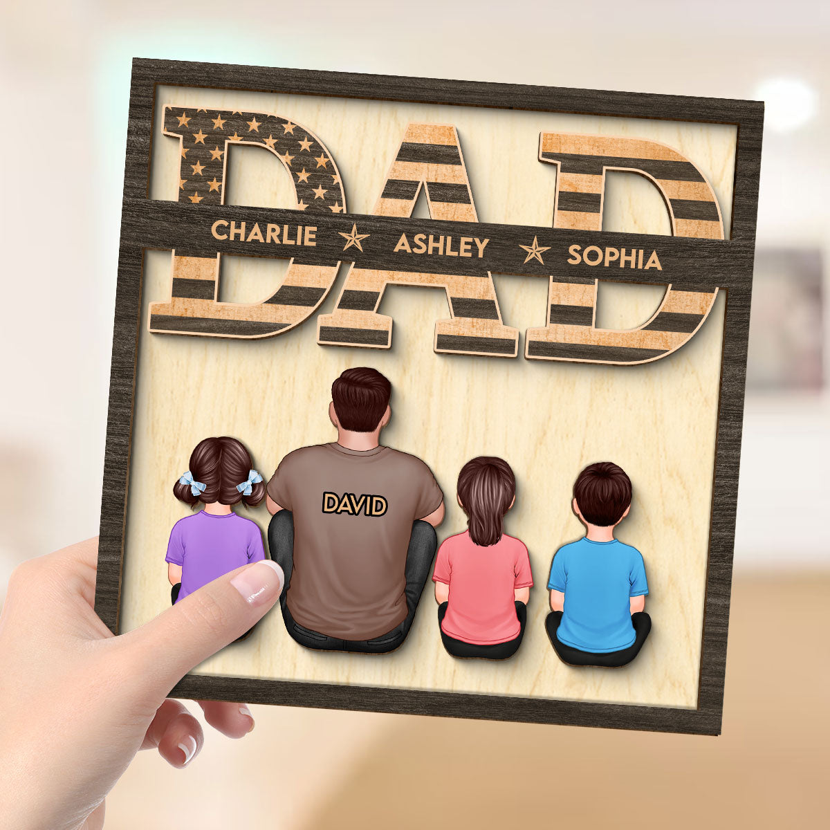 Dad We Love You Flag Man & Kids Sitting Back View Personalized 2-Layer Wooden Plaque