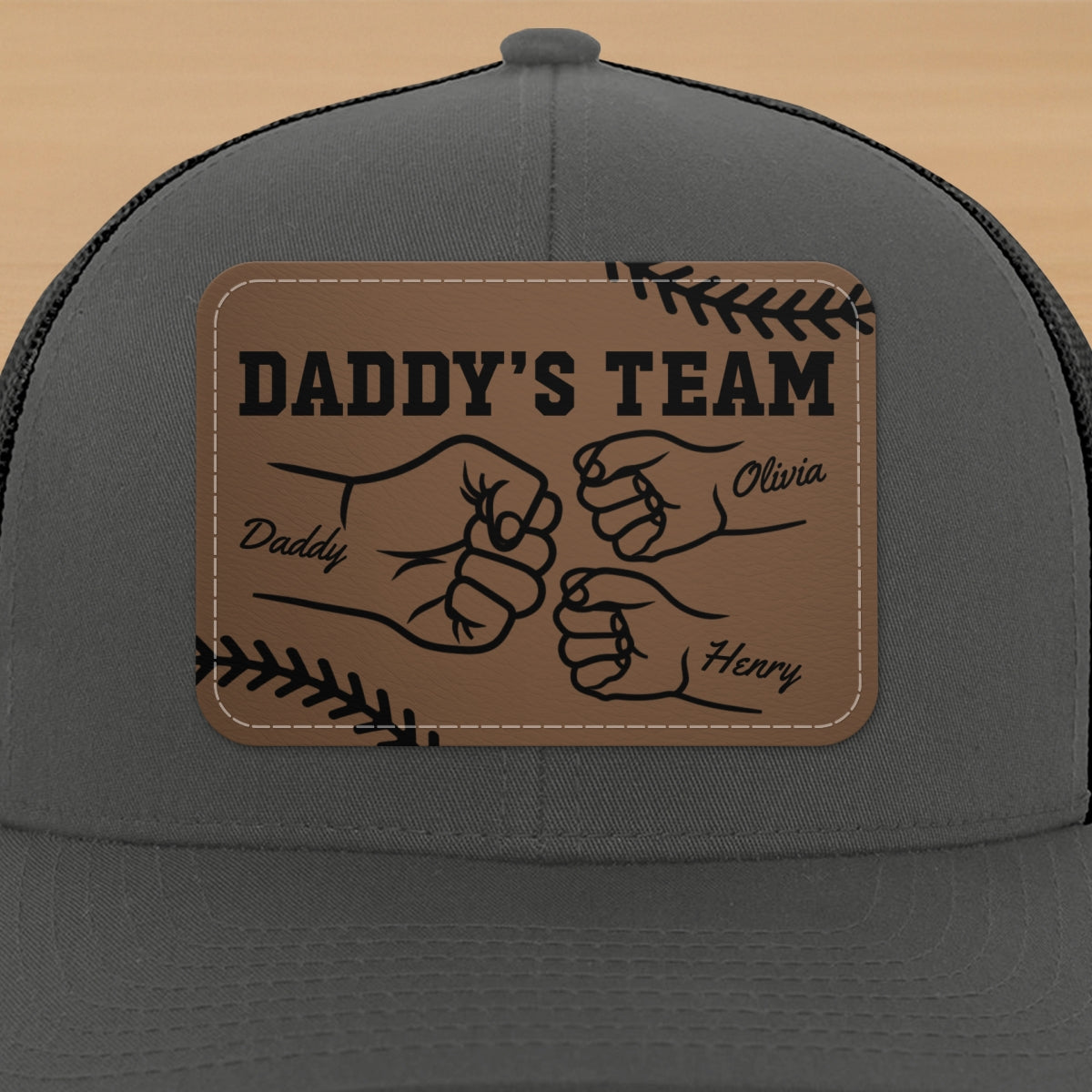 Baseball Daddy's Team Fist Bump Outline Personalized Leather Patch Hat