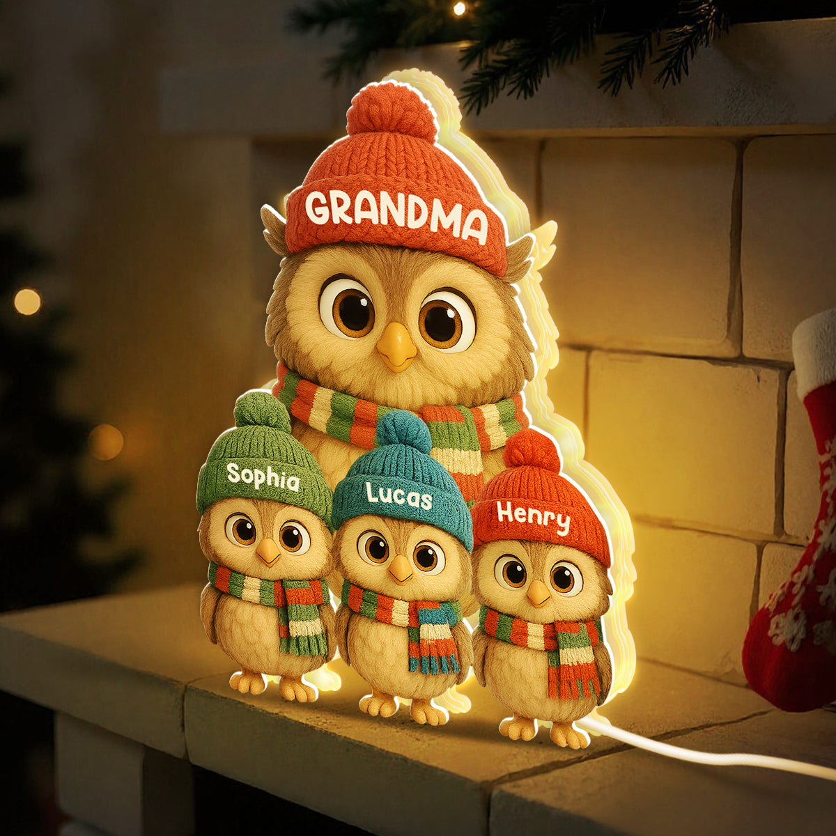 3D Effect Heartwarming Christmas Owls Grandma Grandkids - Personalized Light Box