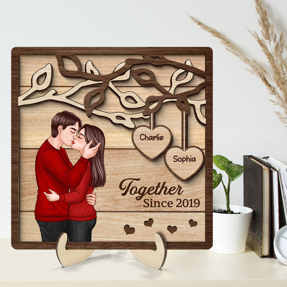 Romantic Couple Kissing Under Tree Personalized 2-Layer Wooden Plaque, Valentine‘s Day Gift For Him, For Her