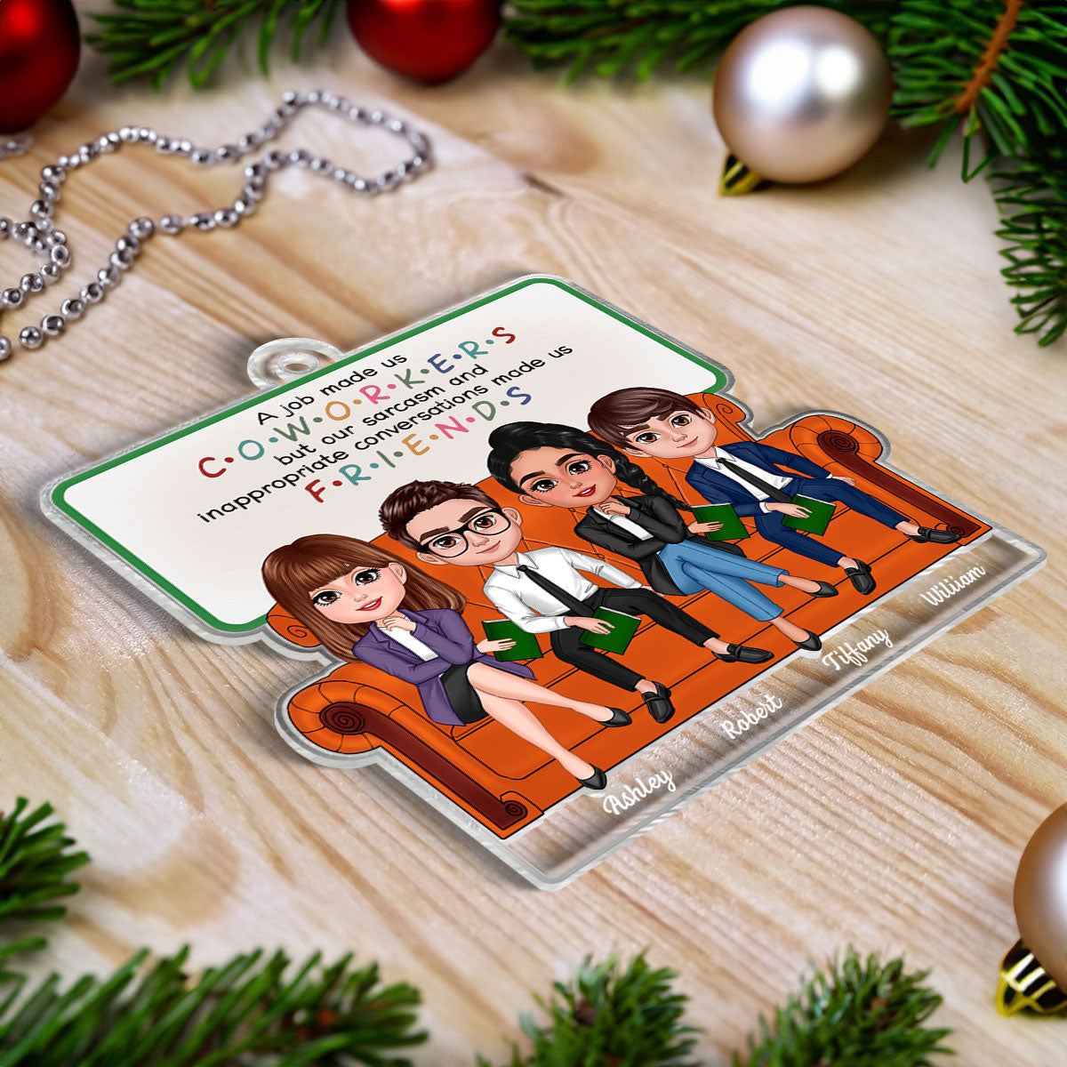 Coworkers Friends Colleagues Sitting On Sofa Personalized Acrylic Ornament, Christmas Gift
