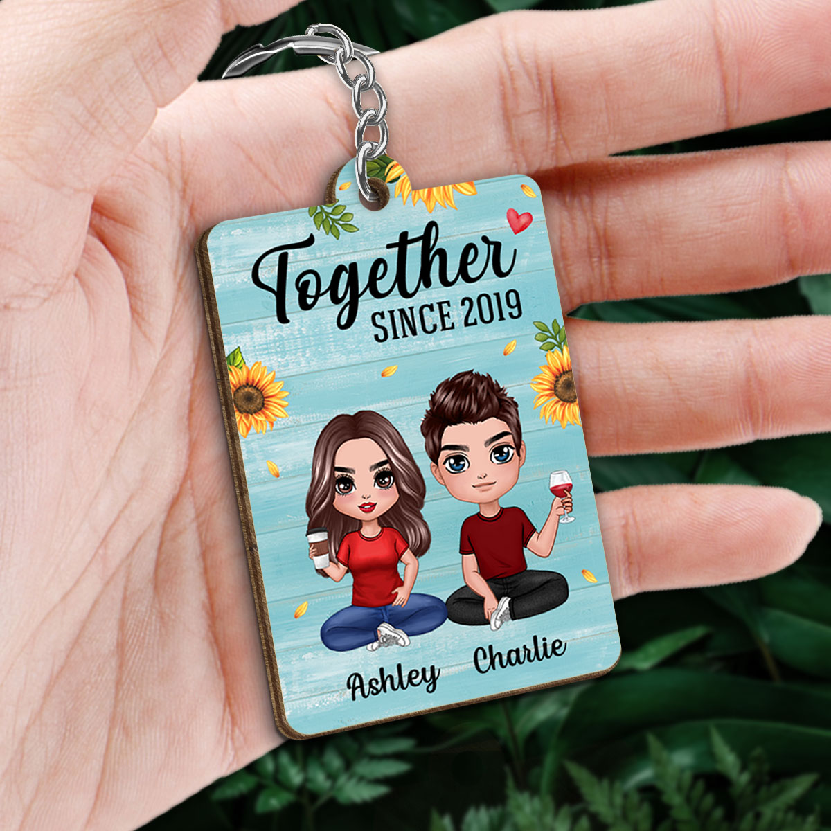 Blue Wood Doll Couple Sitting Favorite Song QR Code Personalized Wooden Keychain