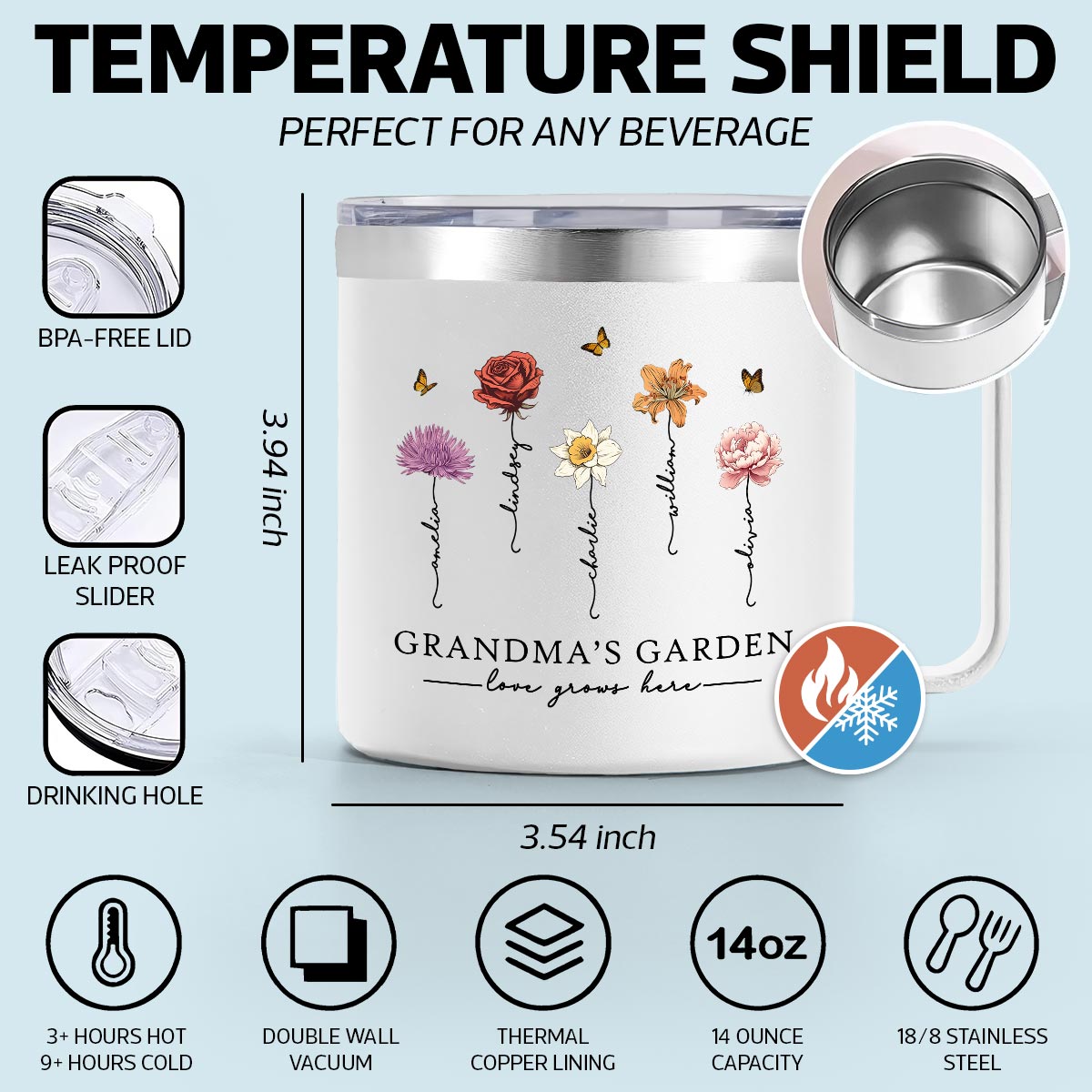Grandma's Garden Love Grows Here Beautiful Birth Month Flower Personalized Stainless Tumbler With Handle