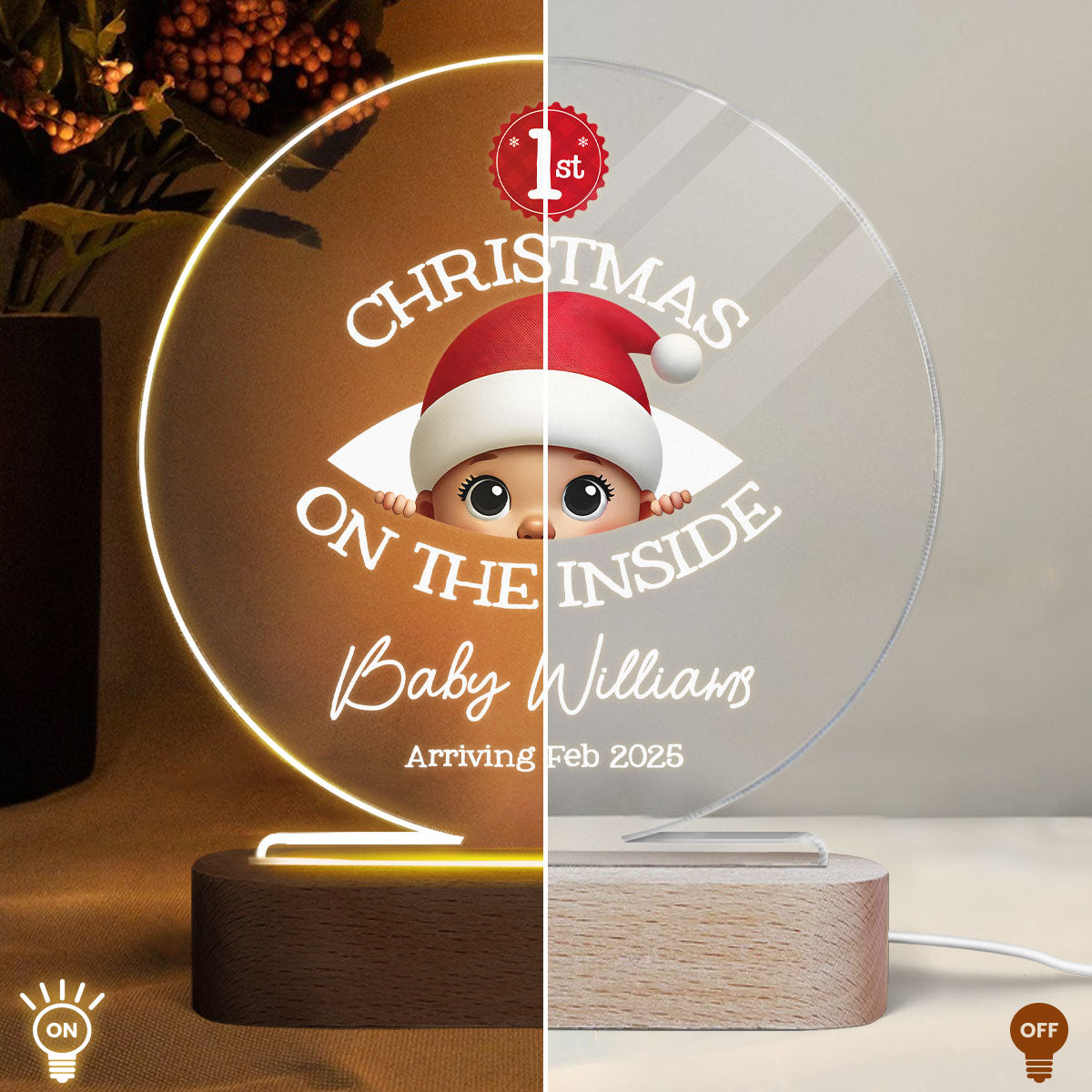 Personalized Baby's First Christmas On the Inside Acrylic LED Night Light, Custom Pregnancy Reveal LED, Expecting Parents