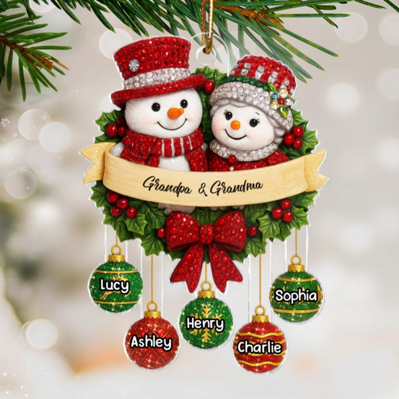 Snowman Grandparents on Christmas Wreath 3D Crystal Effect - Personalized Acrylic Ornament - Christmas Gift for Grandma, Grandpa