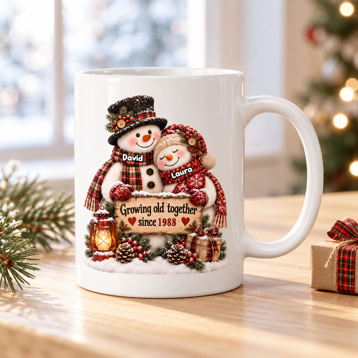 Snowman Couple Hugging Growing Old Together - Personalized Mug - Heartfelt Christmas Gift for Her, for Him