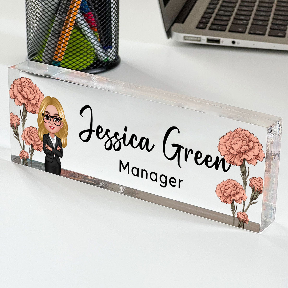 Birth Month Flowers Woman - Personalized Acrylic Desk Name Plate - Gift For Colleagues, Coworkers, Boss