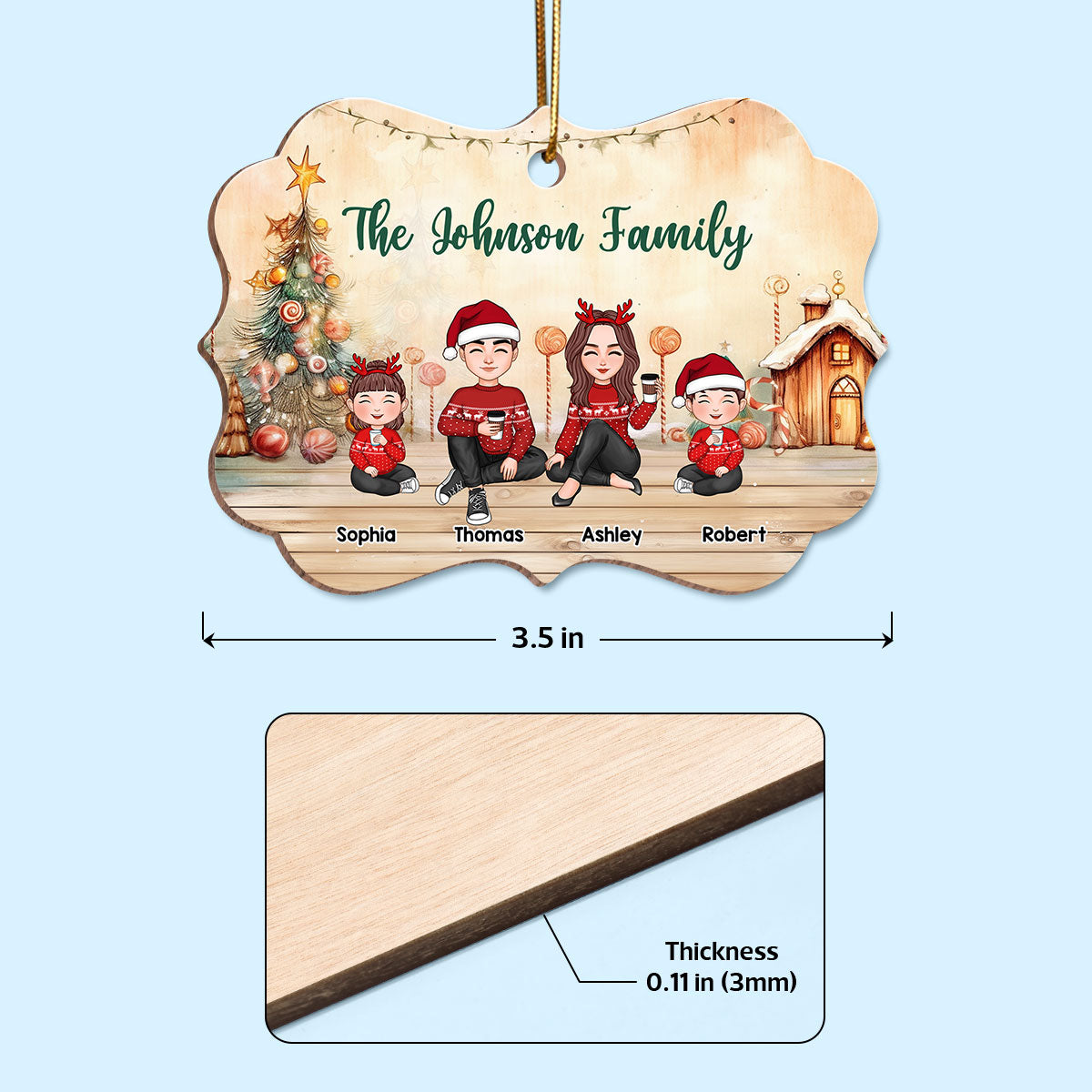 Doll Family Cute Sitting Christmas In House Personalized Wooden Ornament