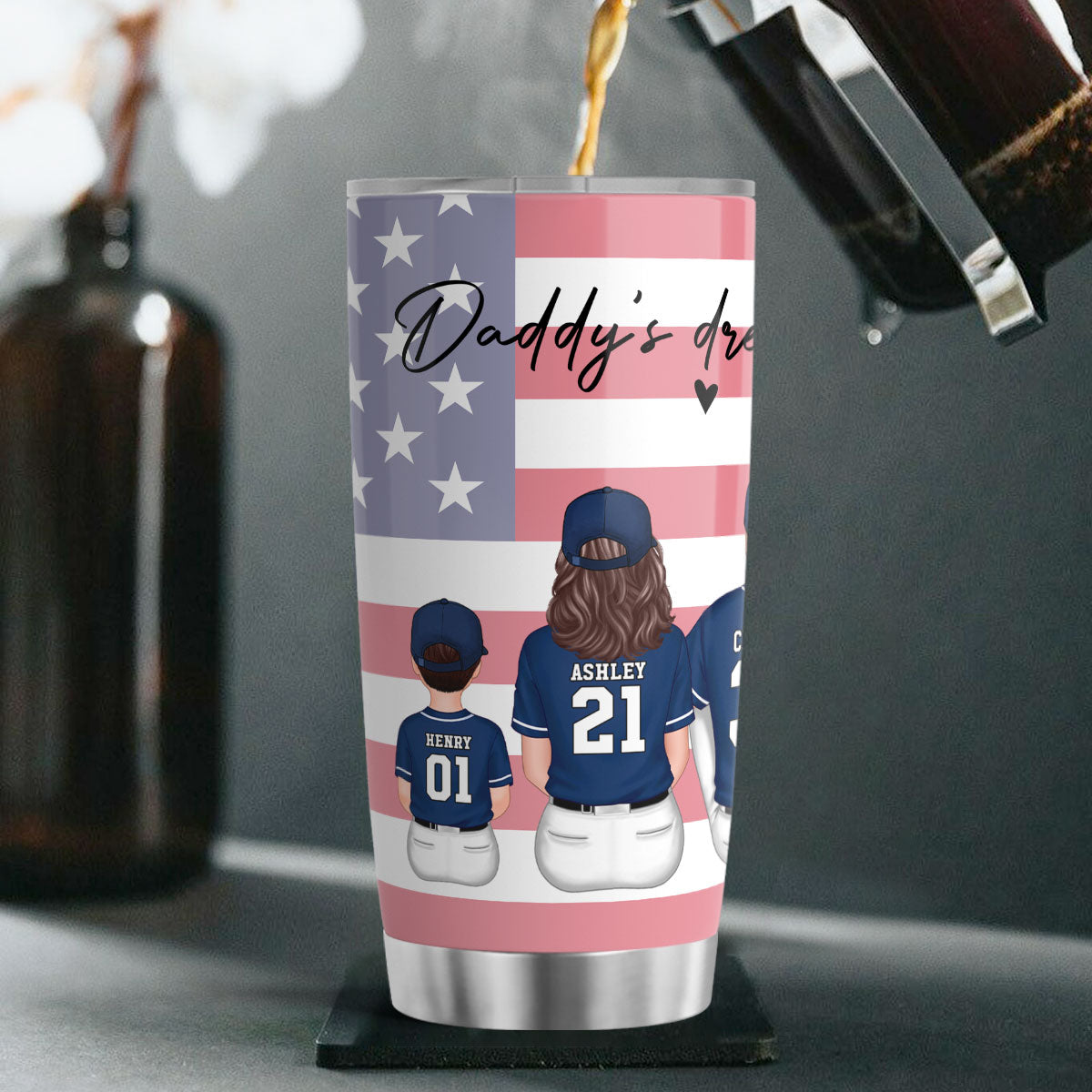 Daddy's Team Baseball Family Sitting Personalized Tumbler, Father's Day Gift For Dad, Grandpa, Husband
