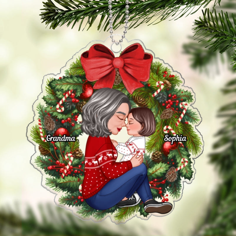 Grandma Mom Hugging Kid Sitting On Christmas Wreath Personalized Acrylic Ornament
