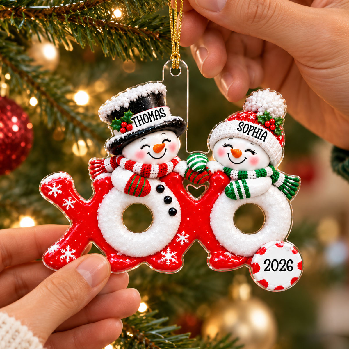 Hugs & Kisses XOXO Snowman Couple 2D Flat - Personalized Acrylic Ornament - Christmas Gift for Couple