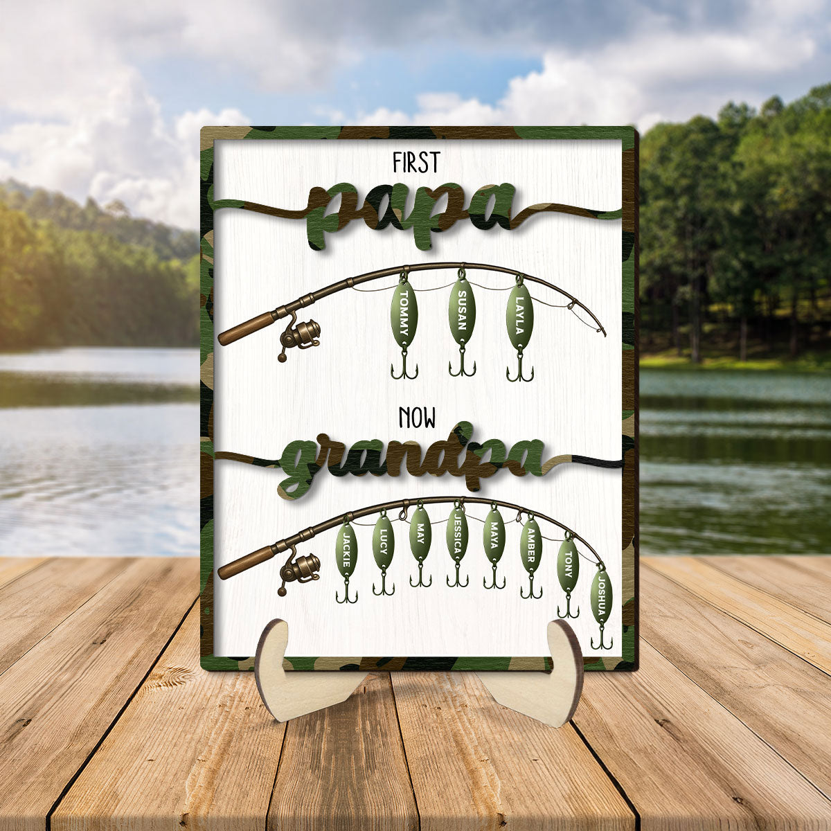 First Dad Now Grandpa Fishing Lures With Kids' Names Personalized 2-Layered Wooden Plaque, Father's Day Gift For Husband, For Dad, For Grandpa
