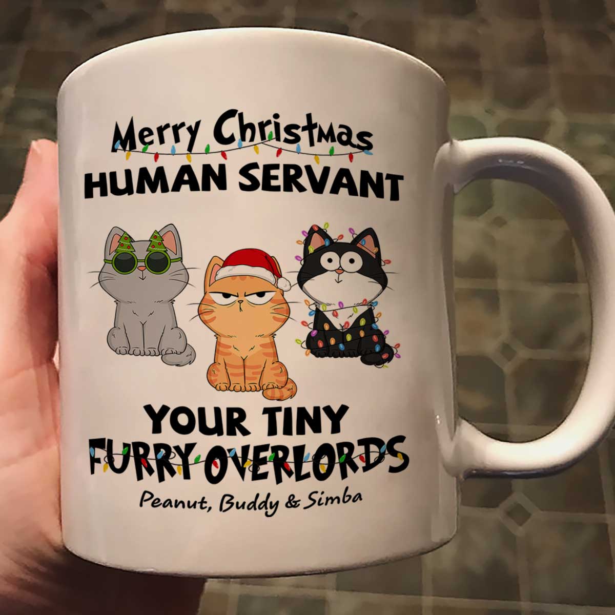 Christmas Fluffy Funny Cats Expressions Merry Christmas Human Servant Personalized Mug