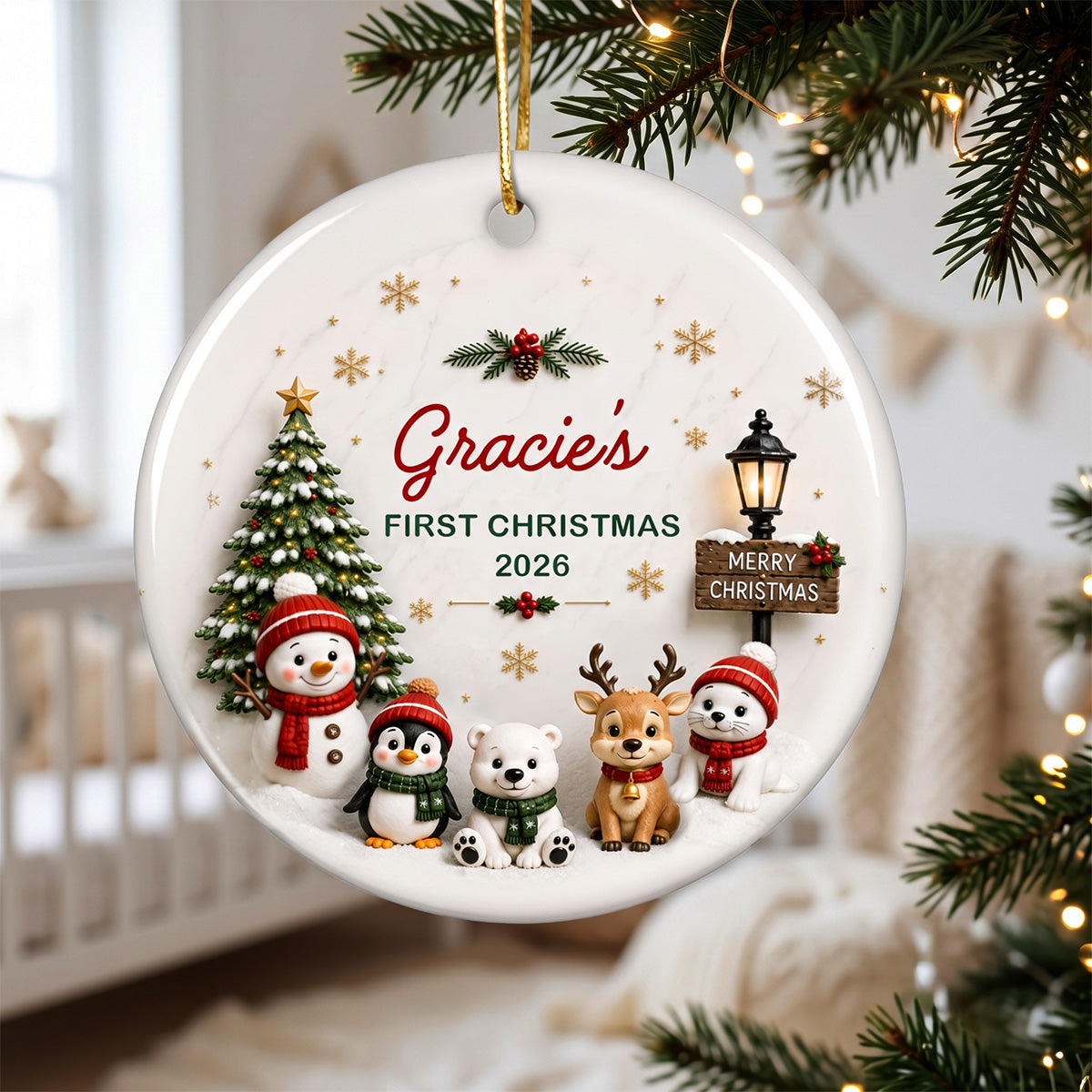 Cute Winter Friends Baby’s First Christmas - Personalized Ceramic 2026 Ornament – Christmas Keepsake