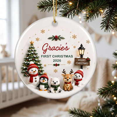 Cute Winter Friends Baby’s First Christmas - Personalized Ceramic 2026 Ornament – Christmas Keepsake