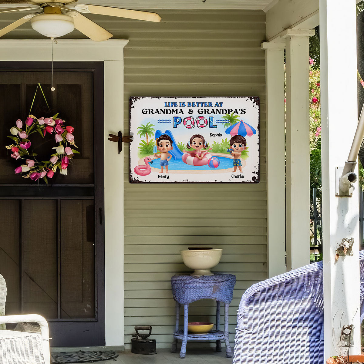 Welcome to Grandma & Grandpa's Pool, Memories are Made Here Personalized Metal Sign, Grandkids Welcome Sign