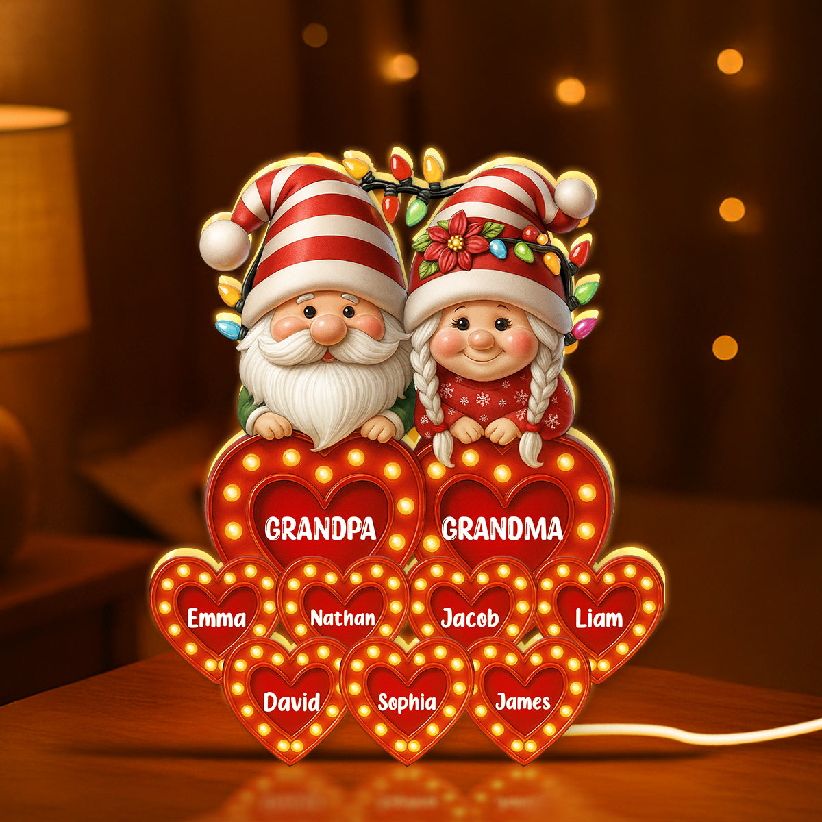 Holiday Gnomes Grandparents Grandkids Names Personalized Light Box, Christmas Decor for Grandma, Grandpa