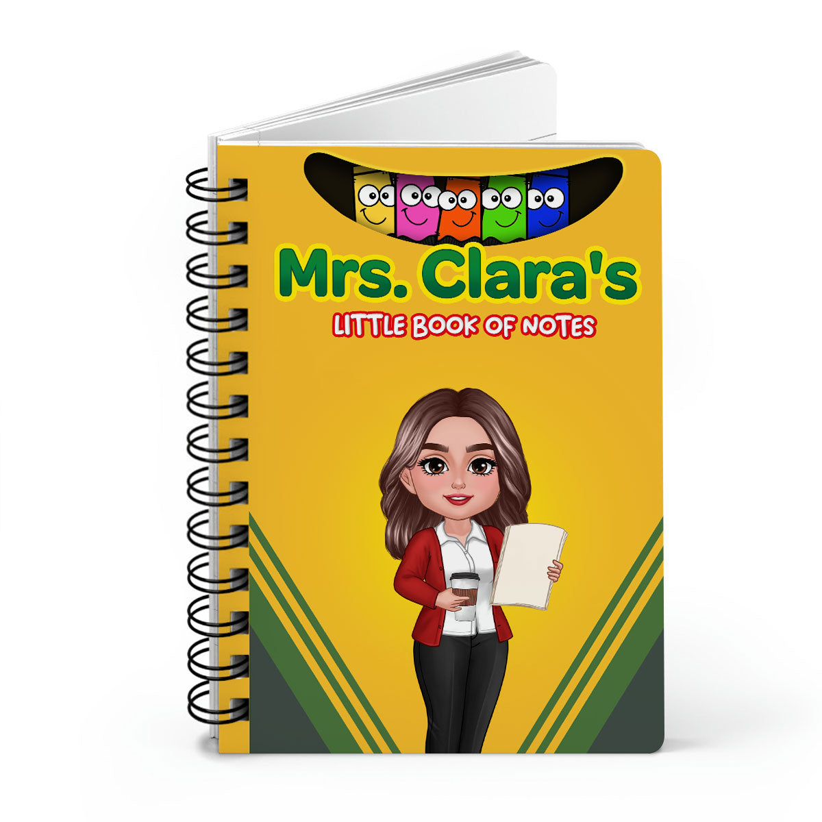Crayon Box Themed Teacher Name Personalized Spiral Notebook Journal, Back To School Stationery