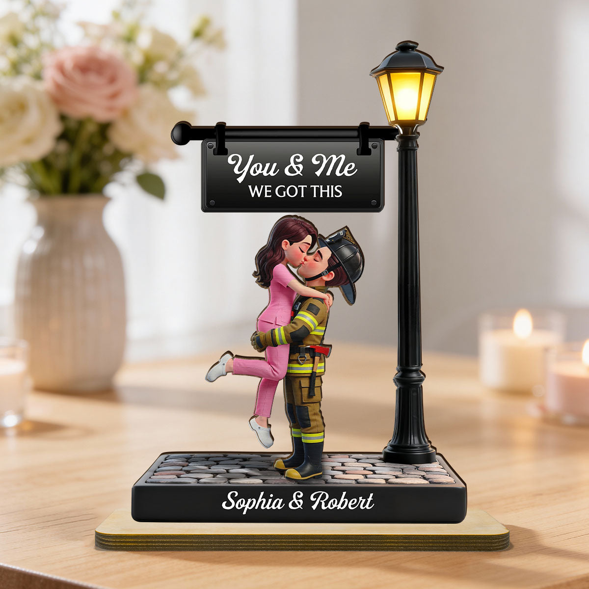 Proud Hero Couple Under Lamp Post - Personalized 2-Layered Wooden Plaque - Valentine's Day Gift For Couple, For Him, For Her, Nurse, Police, Firefighter, Army
