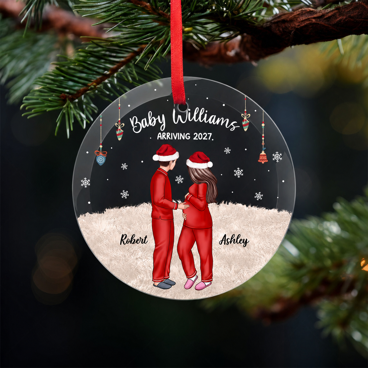 Personalized Pregnancy Ornament, Expecting Family Christmas Personalized Circle Glass Ornament, New Mom Christmas Gift