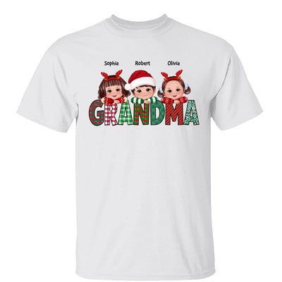 Christmas Pattern Grandma Cute Grandkids Laying Head On Arms Personalized Shirt
