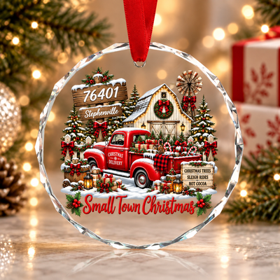 Custom Zip Code Small Town Christmas - Personalized Glass Ornament - Trendy Christmas Holiday Tee, Town Pride