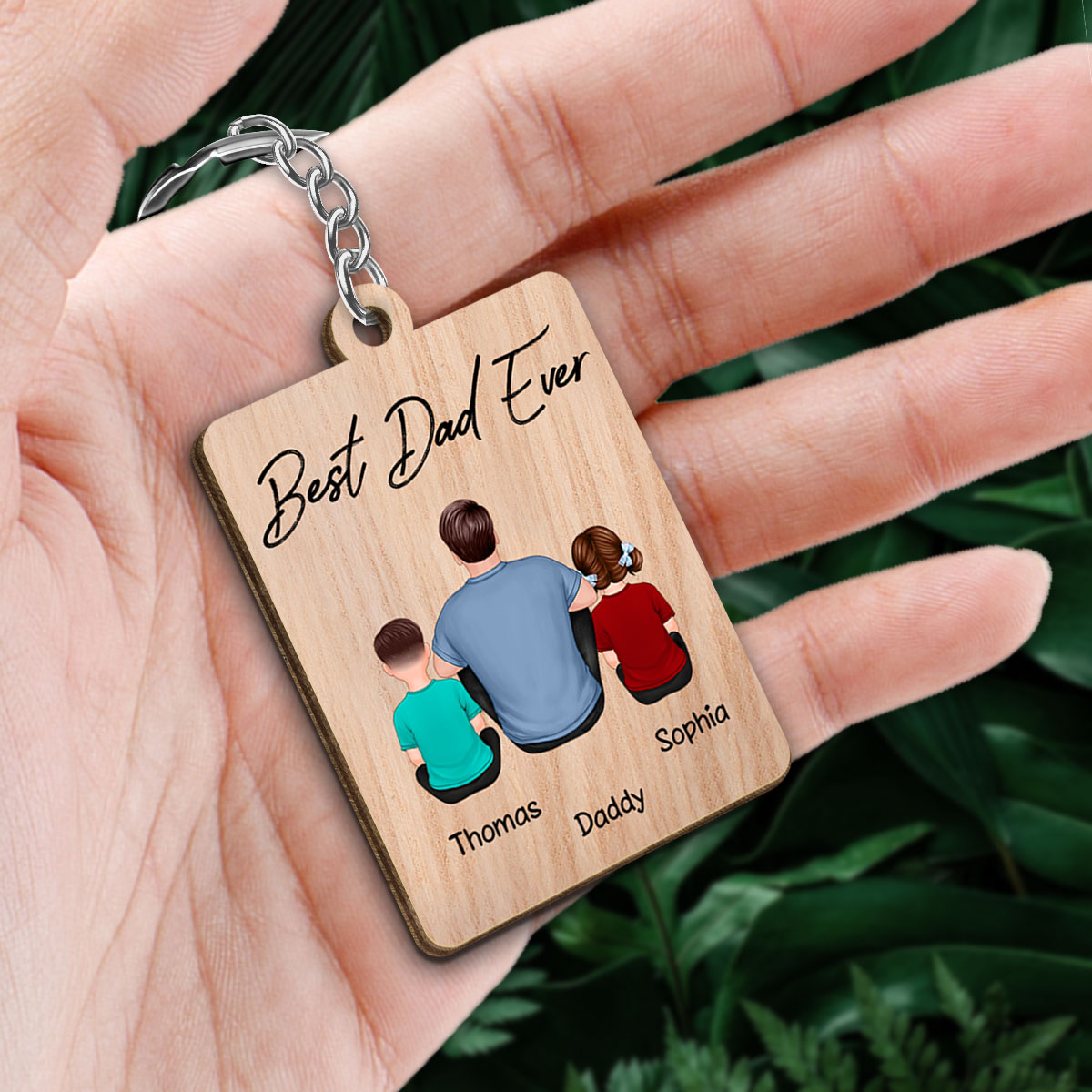 Back View Dad And Kids Dogs Cats Sitting Best Dad Ever Personalized Wooden Keychain